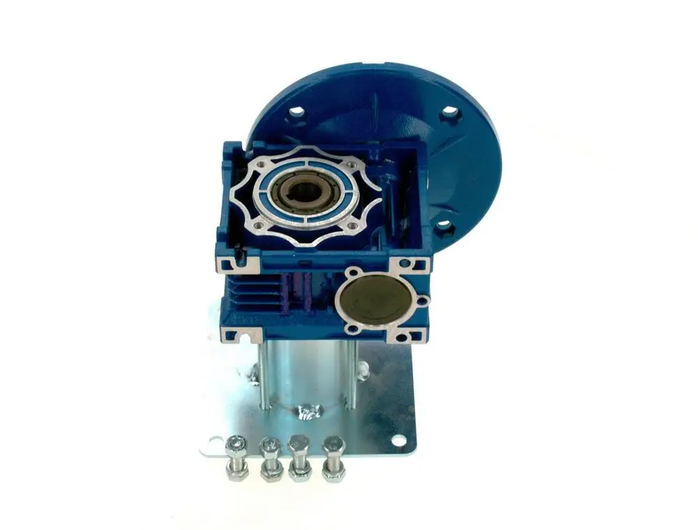 Bosch Getriebe in blauer Farbe, montiert auf einer Metallbasis mit mehreren Schrauben. Der obere Teil zeigt eine Öffnung für Antriebskomponenten.